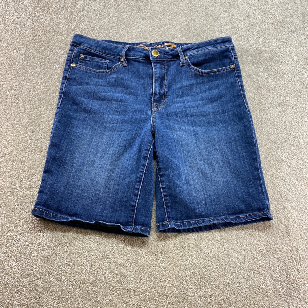 Seven7 Bermuda Shorts Womens 14 Blue Denim Dark Wash Stretch Mid Rise